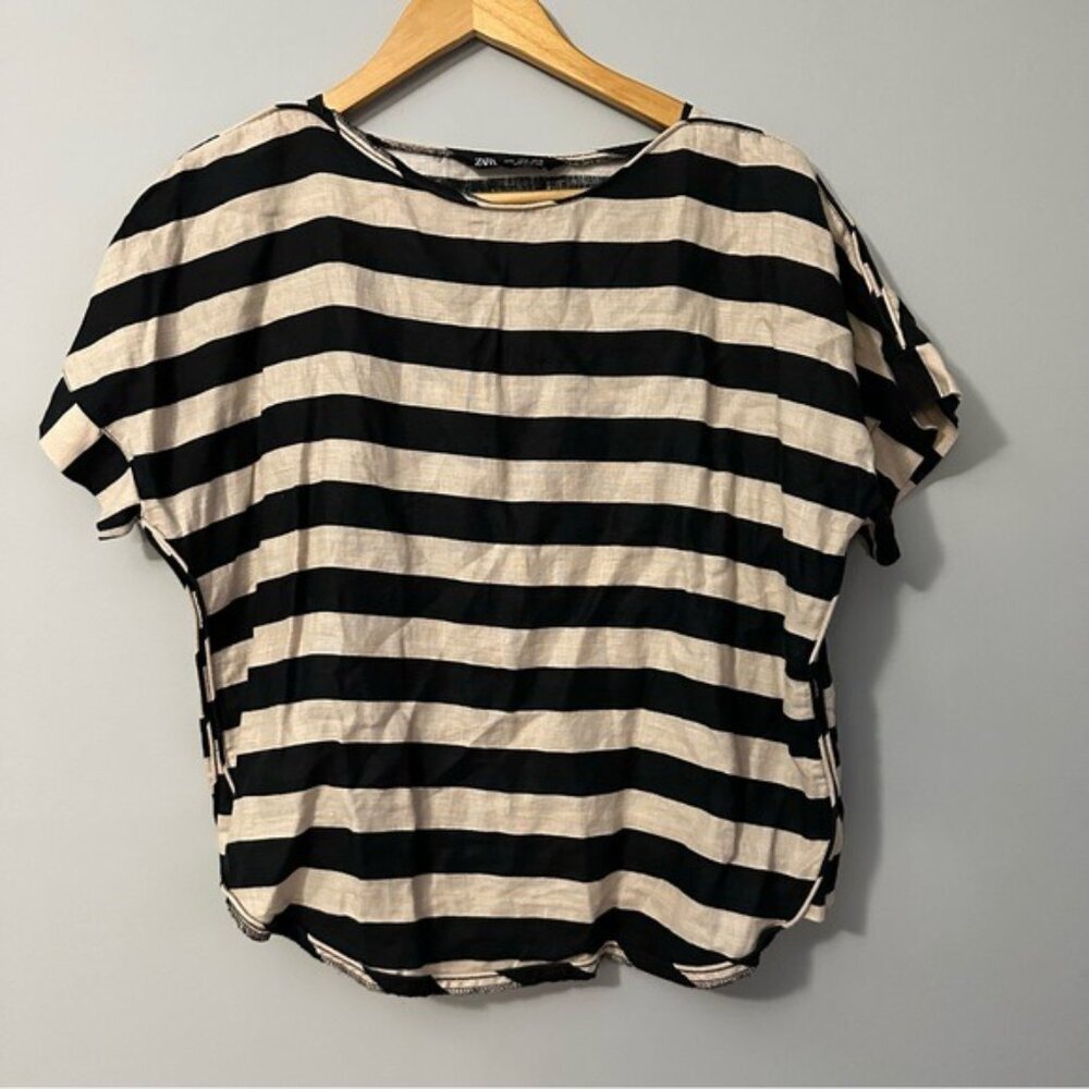 Zara Linen Striped Blouse Black Cream Nautical Minimalist Breton Top Small - Picture 2 of 11